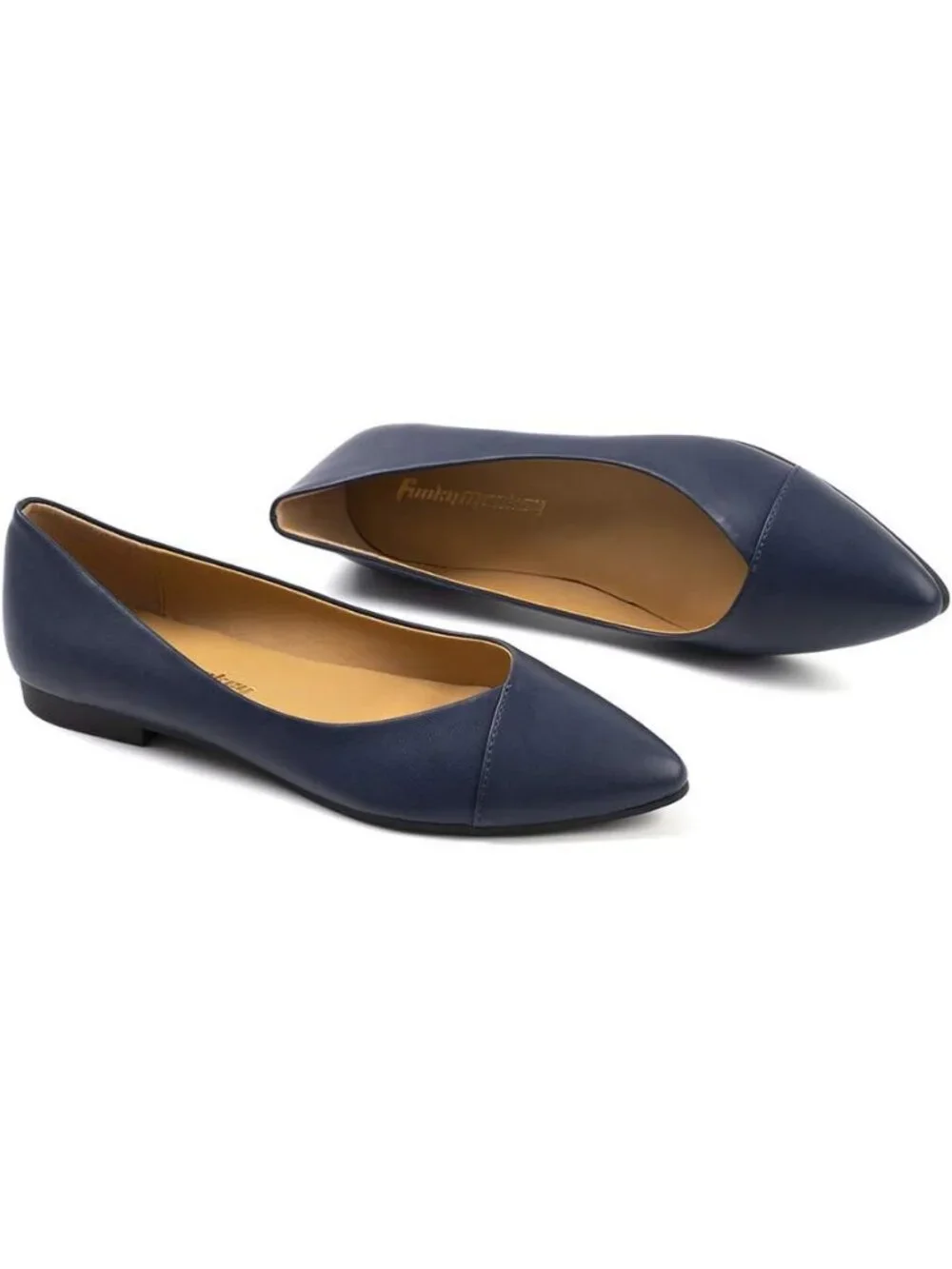 FUNKYMONKEY Women's Navy Faux Leather Pointed Toe Slip On Ballet Low Heel Flats
